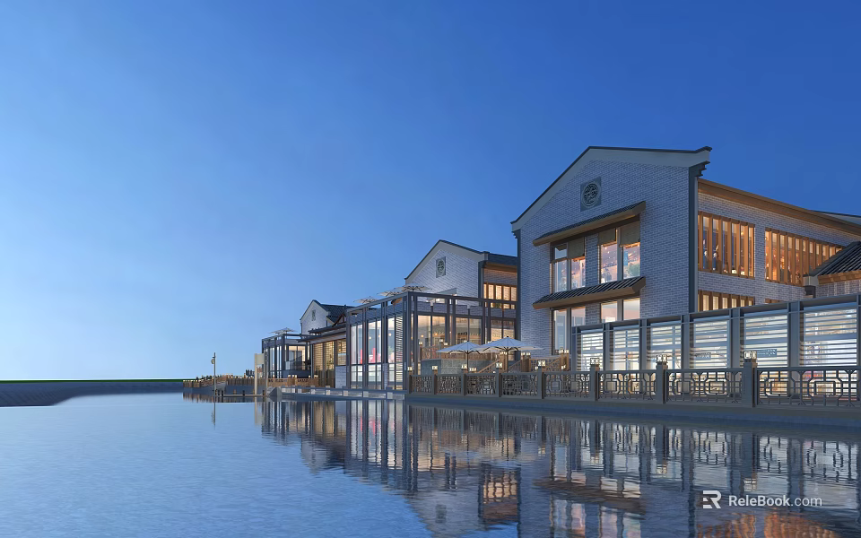 Waterfront Commercial Street With Traditional Modern Architecture Outdoor Seating And Water Reflections 3d model 