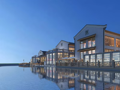 Waterfront Commercial Street With Traditional Modern Architecture Outdoor Seating And Water Reflections 3d model