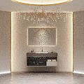 Modern Bathroom Vanity Unit With Mirror Gold Chandelier And Recessed Lighting On Neutral Walls