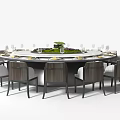Modern Round Dining Table Set With Central Green Plant And Surrounding Chairs 3d model