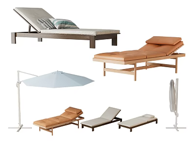 Adjustable Outdoor Lounge Chairs With Beige Gray Cushions Wooden Metal Frame Patio Garden Furniture 3d model