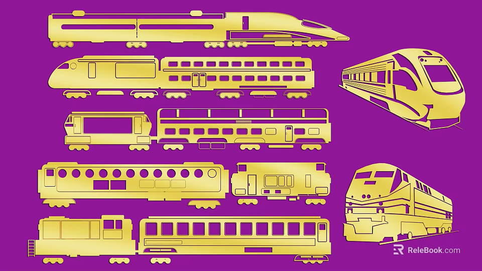 Wall Decor With Golden Train Designs Purple Background And Various Locomotive Shapes 3d model 