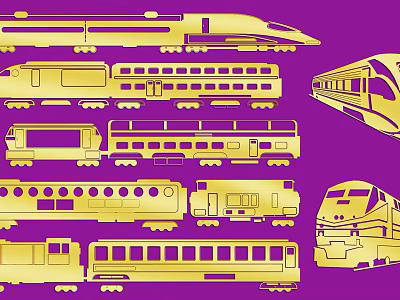 Wall Decor With Golden Train Designs Purple Background And Various Locomotive Shapes 3d model