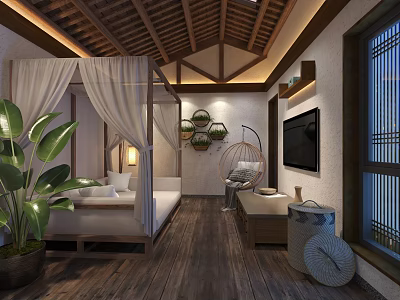 Traditional Homestay Guest Room With Canopy Bed Wooden Ceiling Hanging Chair And Green Plants 3d model