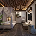 Traditional Homestay Guest Room With Canopy Bed Wooden Ceiling Hanging Chair And Green Plants