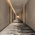 Modern Hotel Corridor Interior With Soft Lighting Patterned Carpet And Light Colored Walls