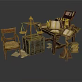 Antique Study Room Setup With Wooden Table Chair Balance Scale Books And Trunk