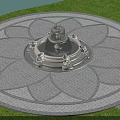 Circular Garden Ornament With Central Fountain And Lotus Petal Stone Pavement Surrounded By Green Lawn