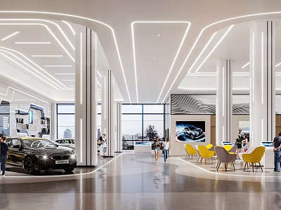 Modern Spacious Car Showroom Interior With Black Car White Columns And Yellow Chairs 3d model
