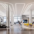 Modern Spacious Car Showroom Interior With Black Car White Columns And Yellow Chairs