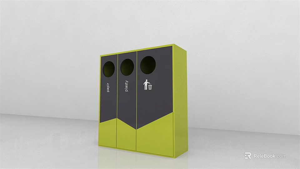 Modern Green And Dark Gray Public Recycling Bins With Three Compartments For Waste Sorting 3d model 
