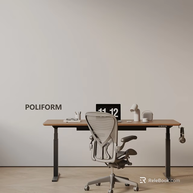 POLIFORM Bookshelf With Modern Desk Ergonomic Chair And Stationery On White Wall 3d model 