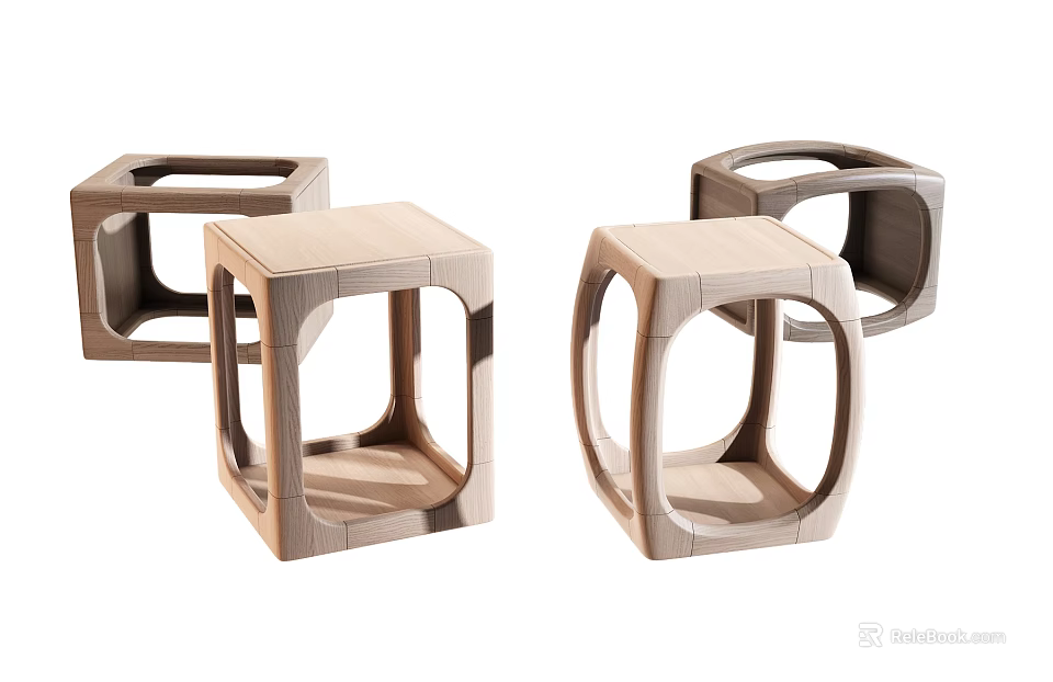 Four Modern Wooden Stools With Geometric Open Structure And Light Dark Wood Tones 3d model 
