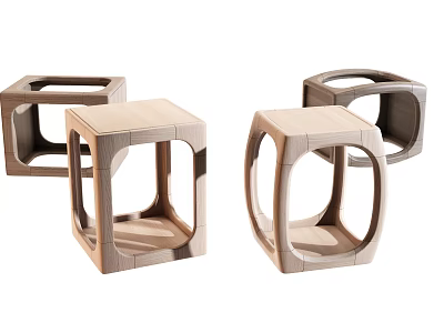 Four Modern Wooden Stools With Geometric Open Structure And Light Dark Wood Tones 3d model