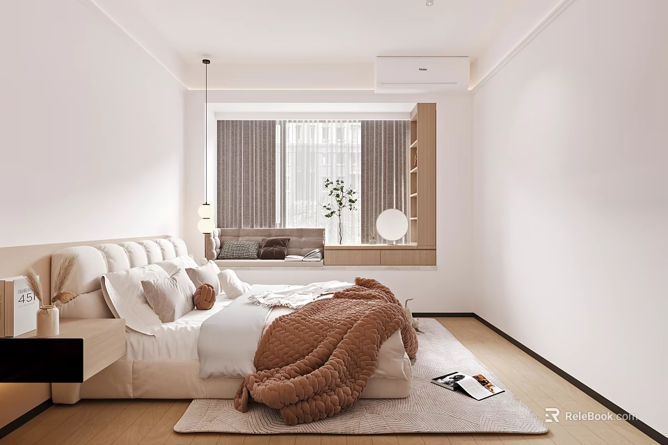 Modern Bedroom Interior Design With Cozy Bed Soft Curtains And Plush Rug 3d model 