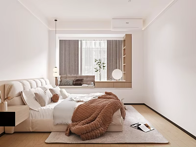 Modern Bedroom Interior Design With Cozy Bed Soft Curtains And Plush Rug 3d model