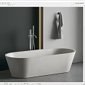 Freestanding White Bathtub with Silver Faucet Gray Wall Golden Light Strip and Hanging Gray Towel