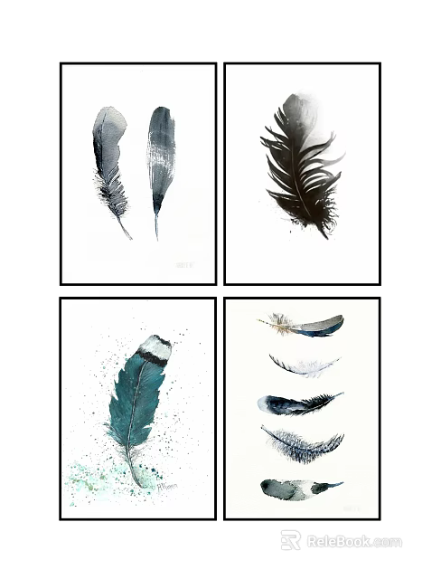 Feather Themed Wall Art Set of Four Minimalist Prints with Various Colors and Abstract Design 3d model 