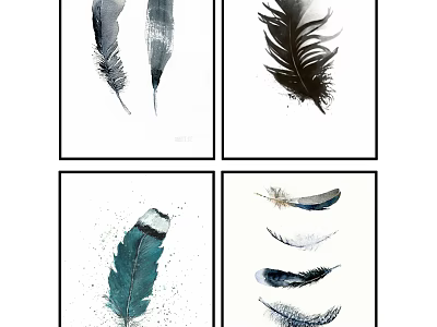 Feather Themed Wall Art Set of Four Minimalist Prints with Various Colors and Abstract Design 3d model