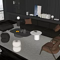 Modern Living Room Black Leather Sofa Coffee Table Set With Throw Pillows And Floor Lamps