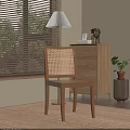 Natural Wooden Leisure Chair With Rattan Backrest Near Window Blinds And Wooden Dresser