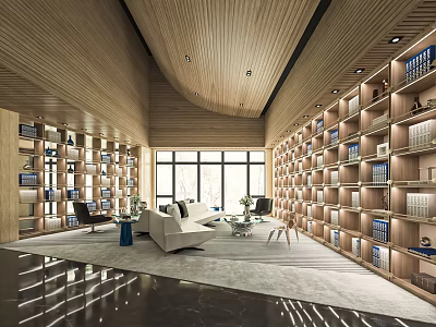Spacious Modern Lounge Area With Wooden Ceiling Built In Bookshelves White Sofa And Large Windows 3d model