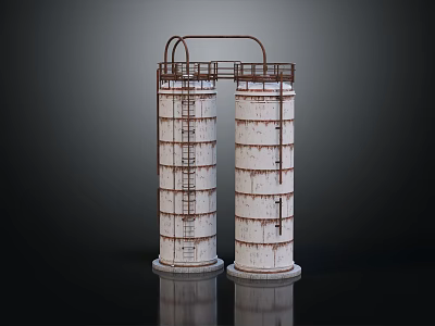 Tall Industrial Storage Tanks With Rusty Metal Ladders And Top Platform Structure 3d model