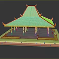 Cartoon Style Traditional Pavilion With Yellow Curved Eaves Roof Green Base And Clear Reflection