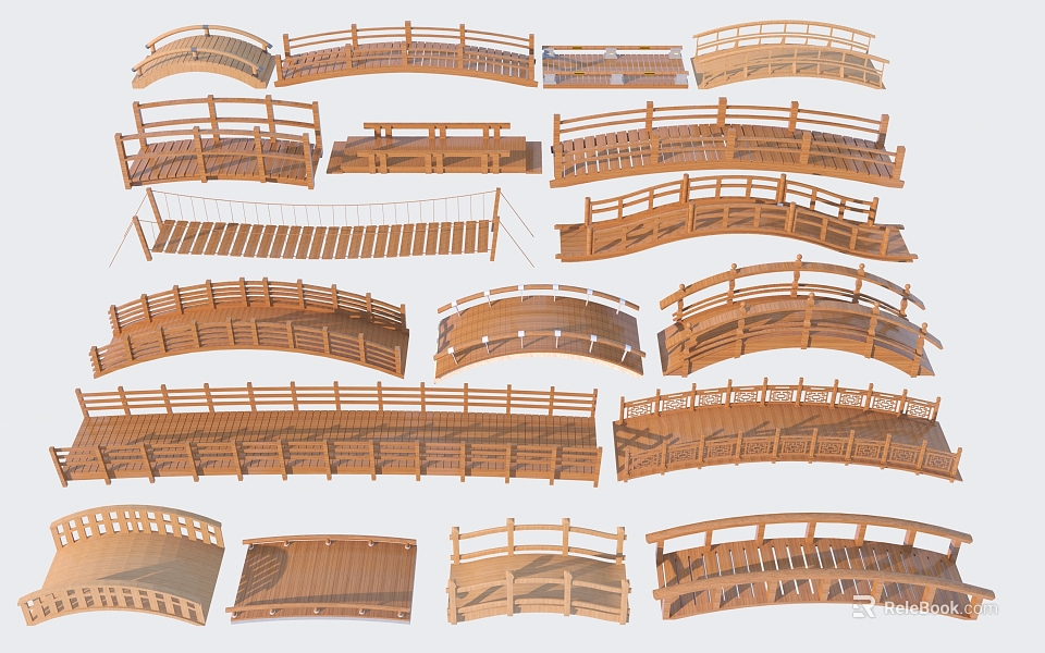 Wooden Bridge Models Displaying Various Designs Different Shapes and Railings 3d model 