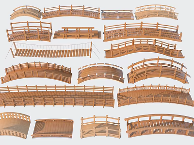 Wooden Bridge Models Displaying Various Designs Different Shapes and Railings 3d model