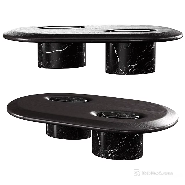 Sleek Modern Black Marble Oval Dining Table With Double Pedestal Design 3d model 
