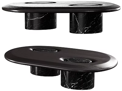 Sleek Modern Black Marble Oval Dining Table With Double Pedestal Design 3d model