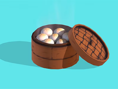 Bamboo Steamer With Open Lid And Fresh Steaming White Buns 3d model