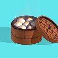 Bamboo Steamer With Open Lid And Fresh Steaming White Buns 3d model