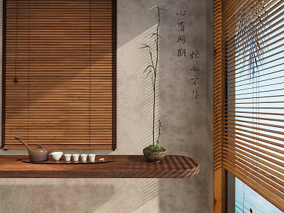 Bonsai Potted Plant on Wooden Shelf with Teapot Teacups Bamboo Blinds Concrete Wall Calligraphy 3d model