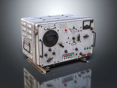 Vintage Industrial Control Panel With Metal Casing Buttons Knobs Gauges On Glossy Surface 3d model