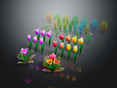 Cartoon Scene With Vibrant Colorful Flowers And Various Green Leaves 3d model
