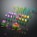 Cartoon Scene With Vibrant Colorful Flowers And Various Green Leaves