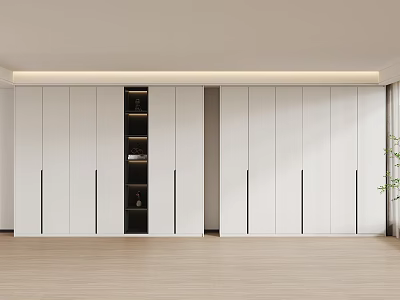 Modern White Wardrobe Design With Sliding Doors Open Shelves And Interior Lighting 3d model