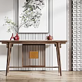 Chinese Modern Console Table Design With Wall Art Lattice Screens And Green Plant Vase