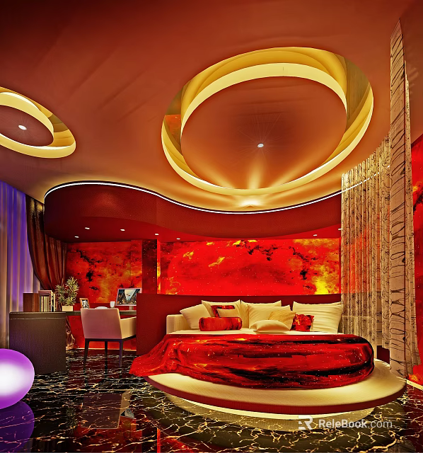 Elegant Hotel Room Interior With Red Decor Circular Ceiling Design And Comfortable Bed Sofa 3d model 