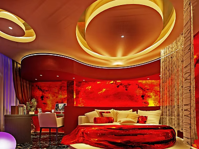 Elegant Hotel Room Interior With Red Decor Circular Ceiling Design And Comfortable Bed Sofa 3d model