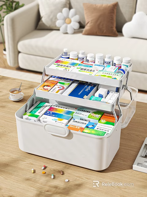 Multi Layered Medicine Storage Box Organizer With Various Bottles And Medical Boxes 3d model 