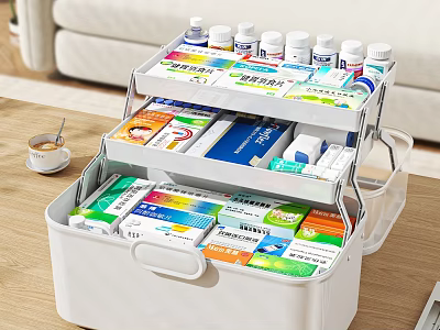 Multi Layered Medicine Storage Box Organizer With Various Bottles And Medical Boxes 3d model