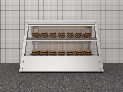 White Food Display Cabinet with Transparent Glass Doors and Multiple Shelves Holding Sandwiches in Bakery Shop 3d model