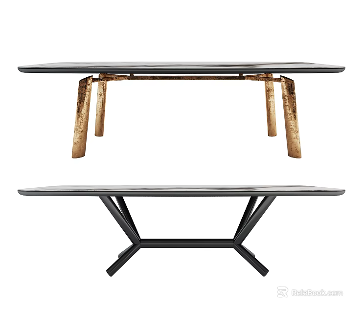 Modern Dining Table with Black Tabletop Golden Legs and Geometric Black Base Design 3d model 