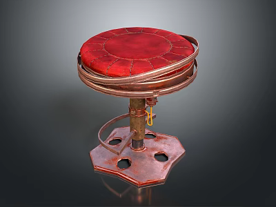 Red Cushioned Stool With Metal Hexagonal Base And Retro Industrial Design 3d model
