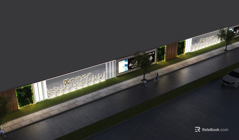 Modern Decorative Fence With Lighting Along Building Facade Sidewalk Tree And Pedestrians 3d model 