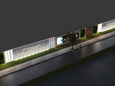Modern Decorative Fence With Lighting Along Building Facade Sidewalk Tree And Pedestrians 3d model