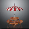 Outdoor Wooden Picnic Table Furniture With Round Tabletop Red White Striped Umbrella And Benches